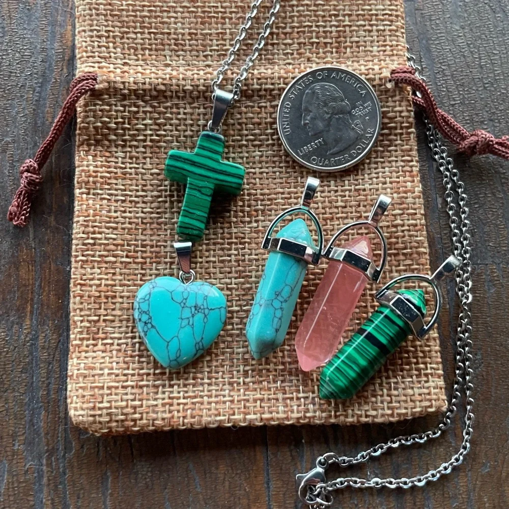 Bundle - 5 brand new synthetic crystal pendants: turquoise, malachite and quartz